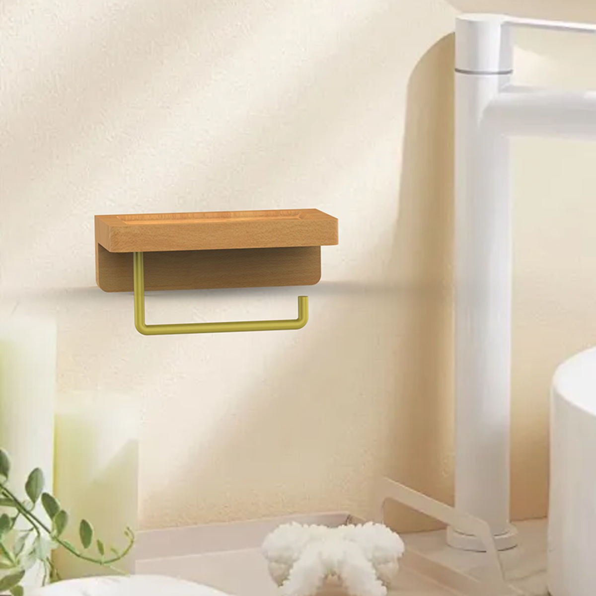 トイレットペーパーホルダー 木製上置き棚付きトイレットペーパーホルダー