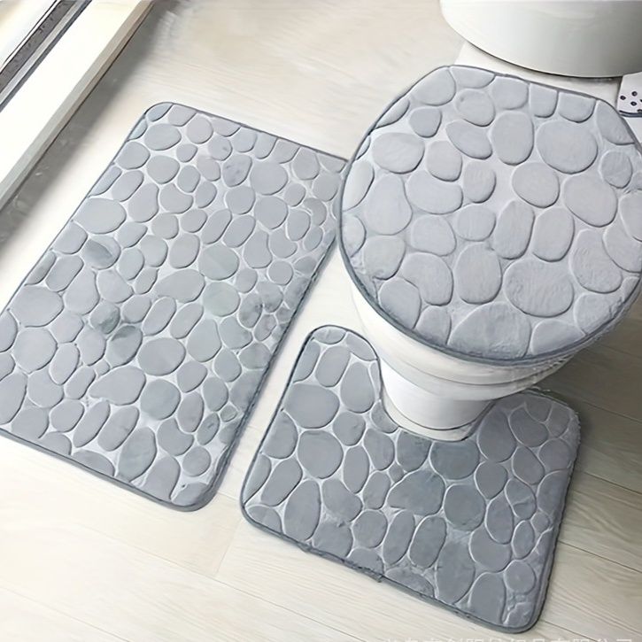 トイレマット 立体石畳柄ふかふか三点式トイレマット