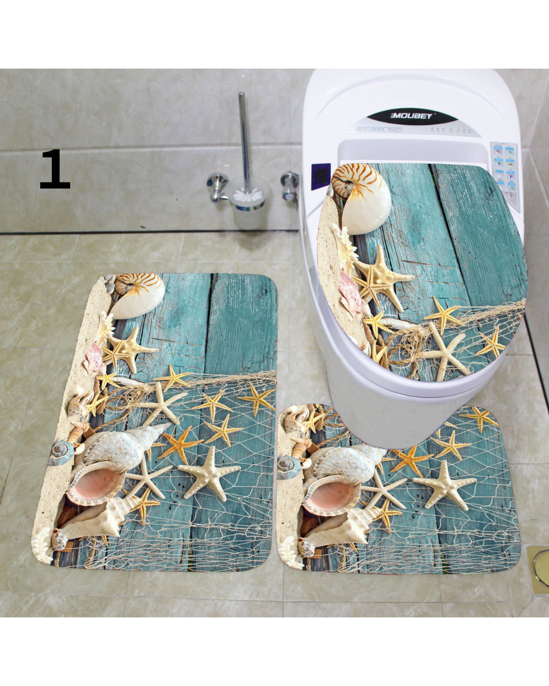トイレマット 海辺の貝殻とヒトデ柄トイレマット三点セット