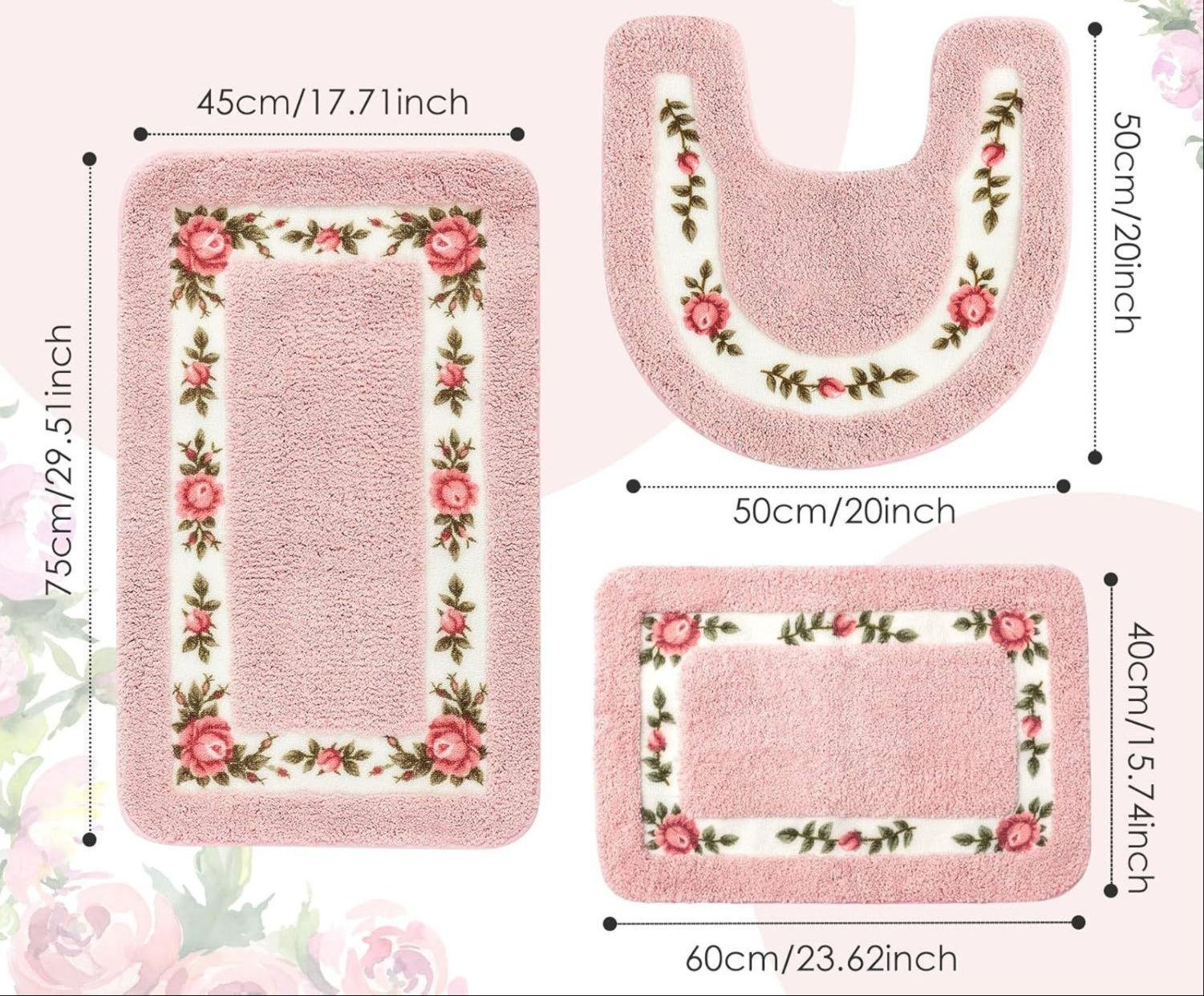 薔薇柄トイレマット3点セット ふわふわ花模様