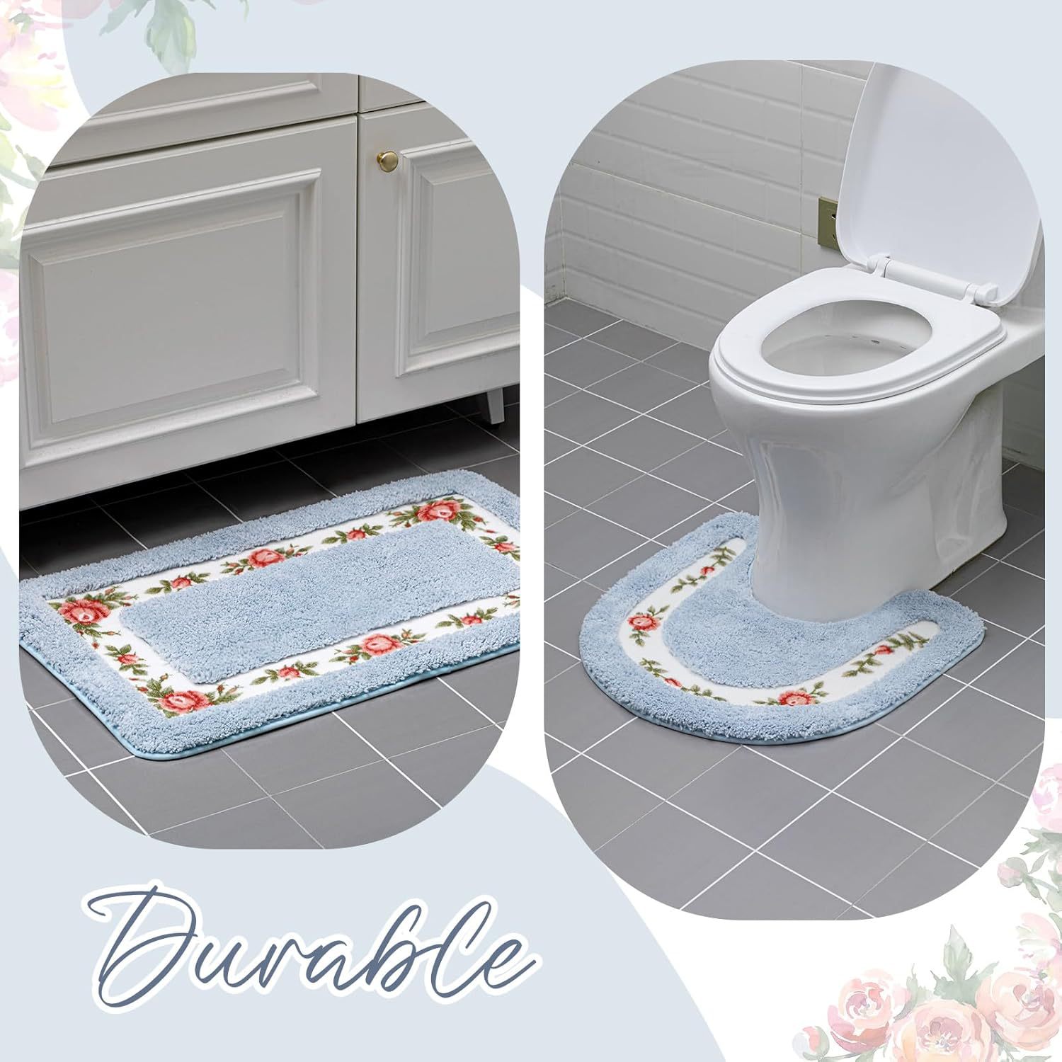 花柄刺繍トイレマット2点セット ふわふわ洗面所用