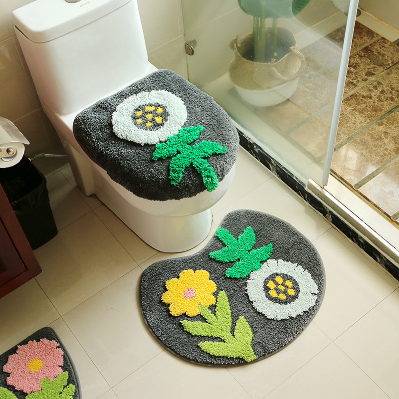 花柄刺繍トイレマットと蓋カバーセット