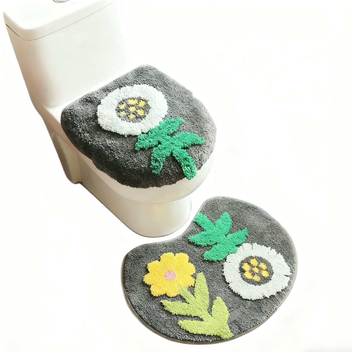 花柄刺繍トイレマット ふたカバー付き2点セット