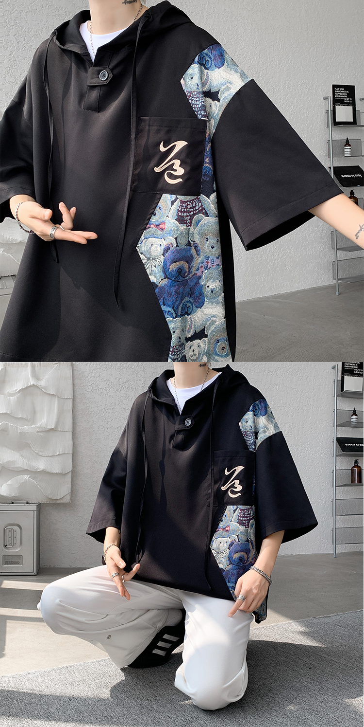 トレーナー　メンズ 芸術的フード付き半袖プルオーバー