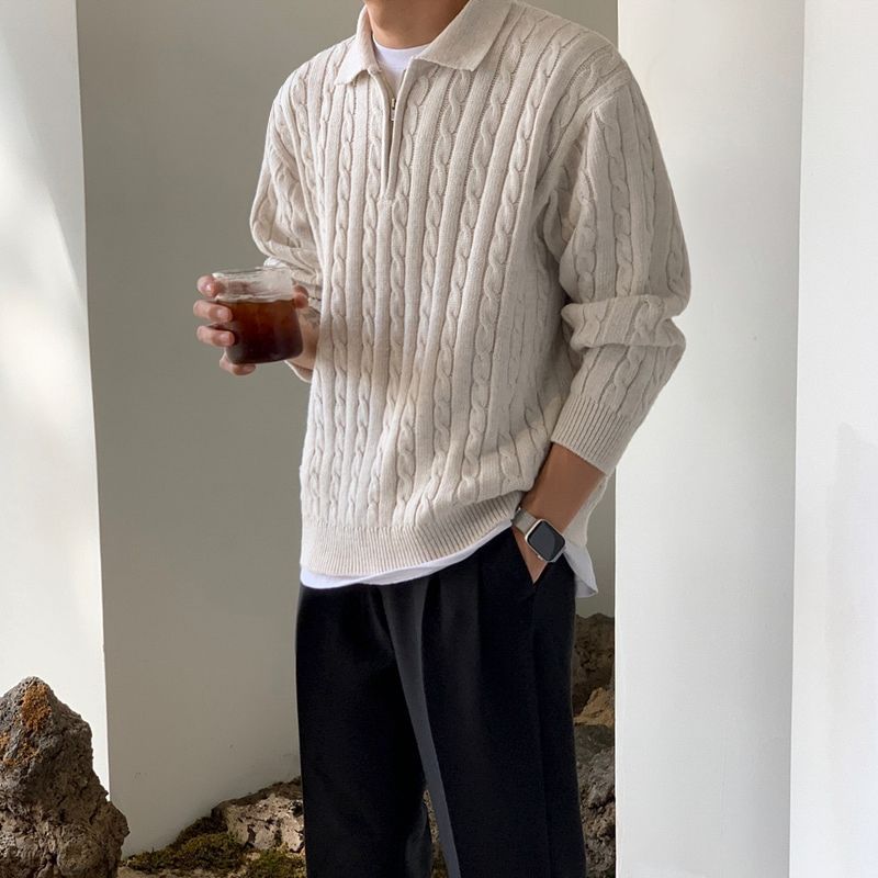 トレーナー　メンズ 上質ケーブル編み ハーフジップセーター