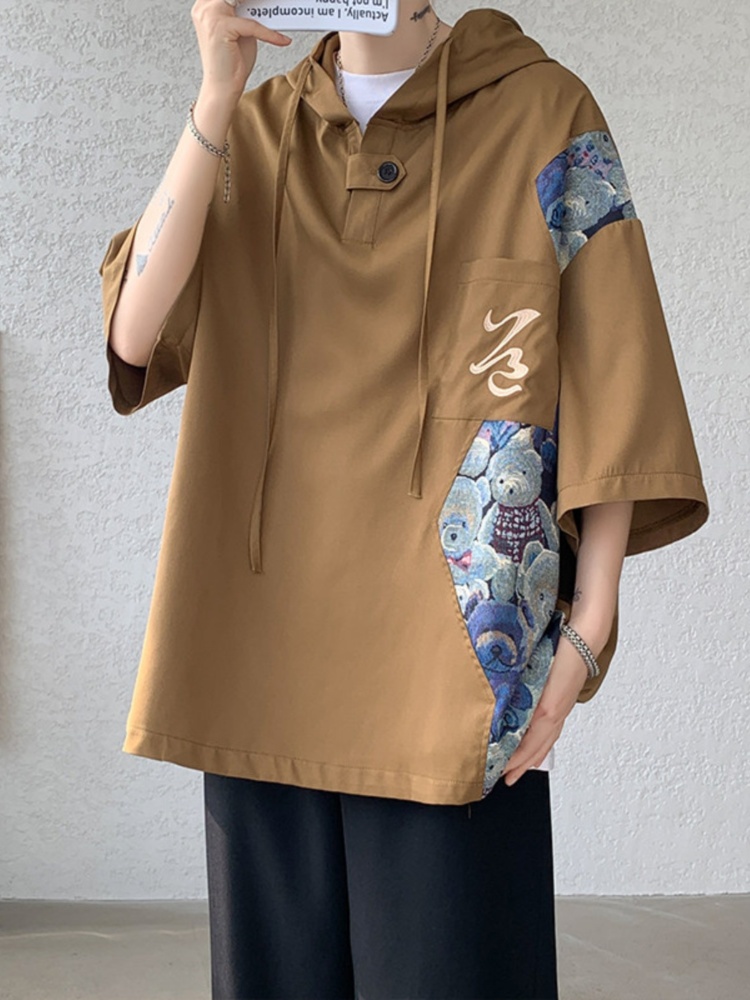 トレーナー　メンズ 芸術的フード付き半袖プルオーバー