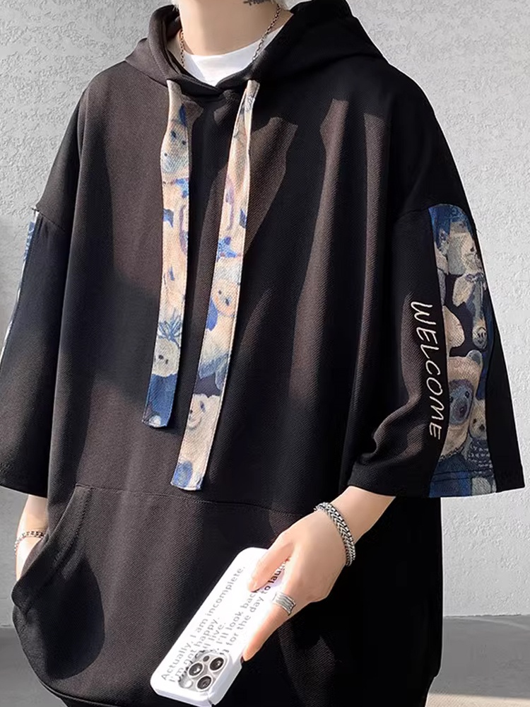 トレーナー　メンズ 芸術柄装飾フード付き七分袖プルオーバー