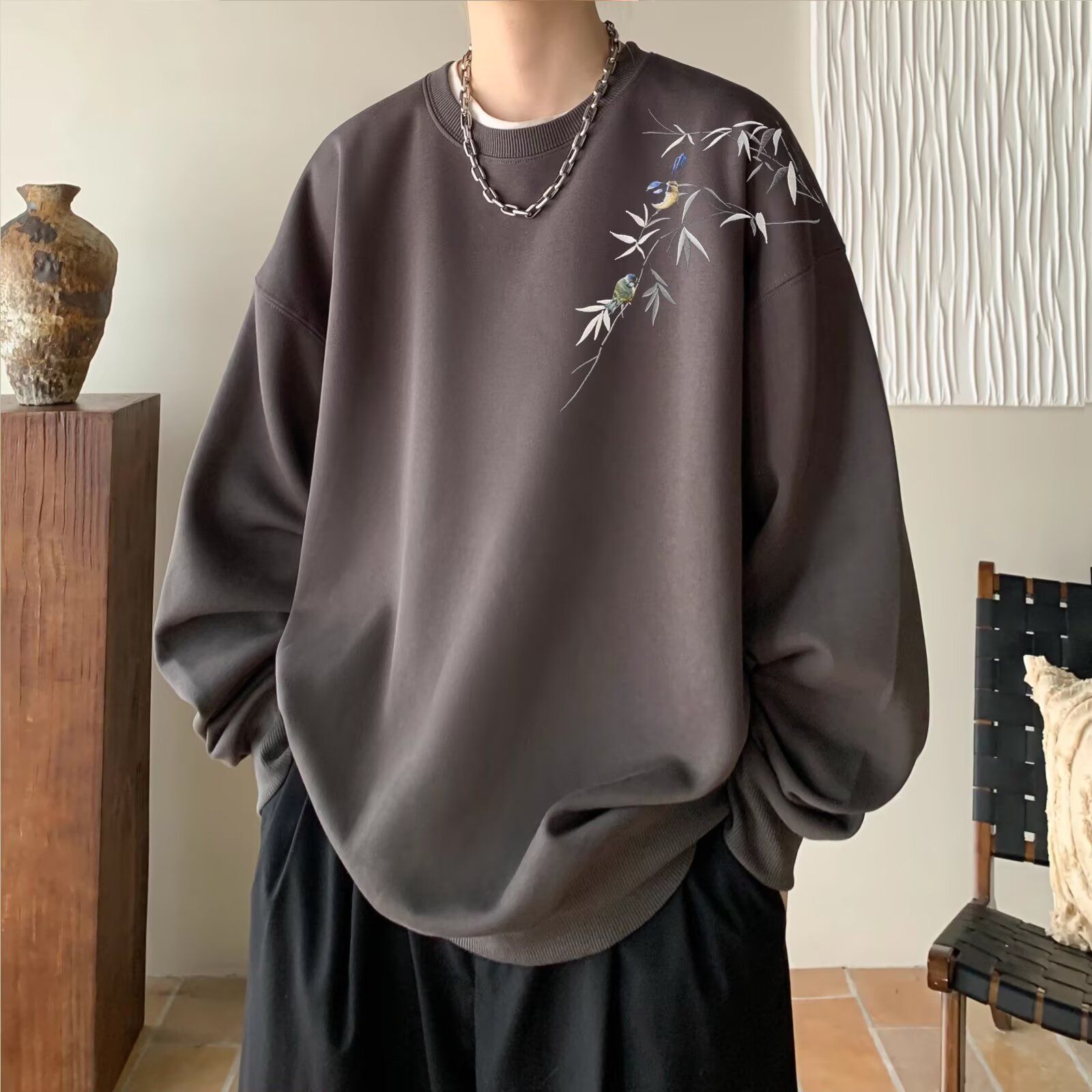 トレーナー　メンズ 和風刺繍入り 落ち着き漂うトレーナー