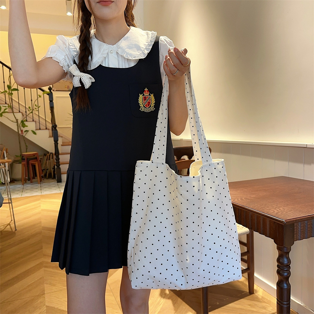 水玉柄キャンバストート 軽量折り畳み式ショルダーバッグ