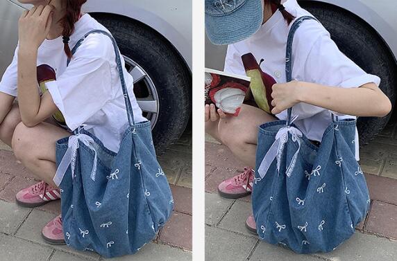 リボン柄大容量キャンバストートバッグ