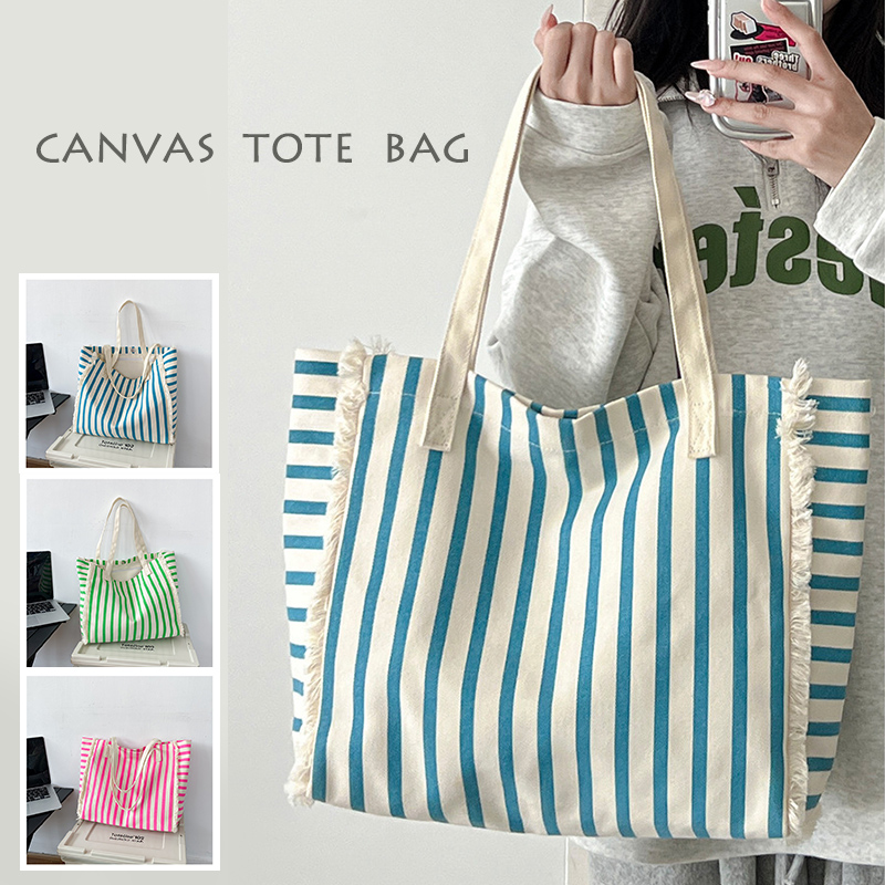 ストライプ柄キャンバストートバッグ レディース肩掛け