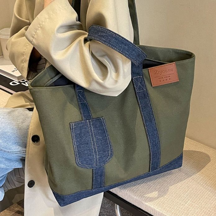 キャンバストート デニム風前ポケット付き 帆布トート