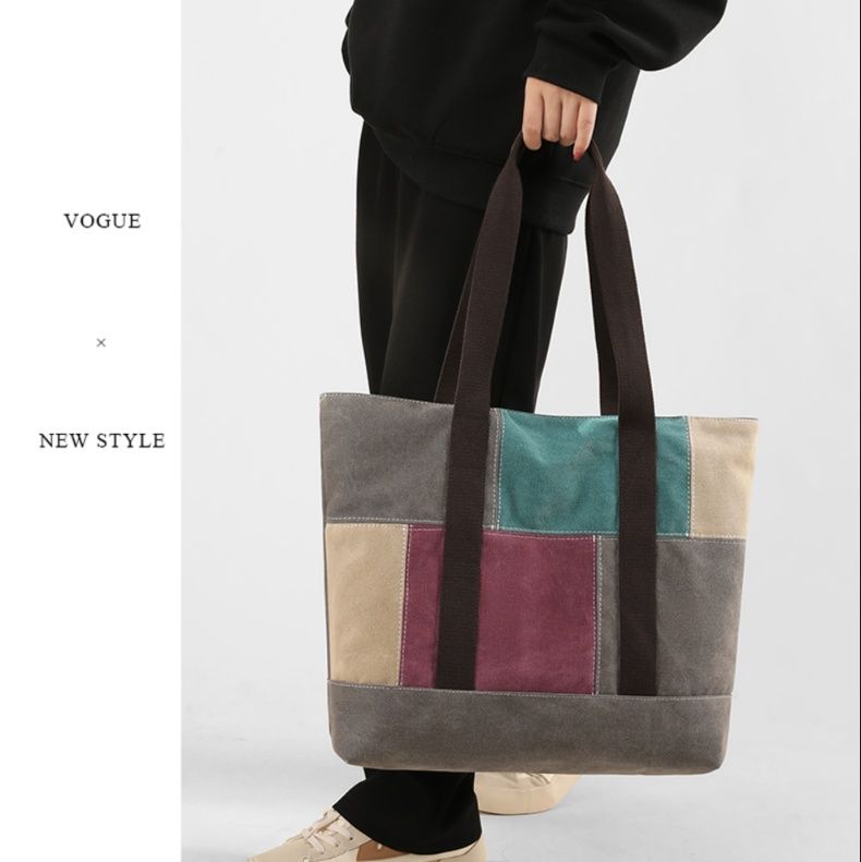 キャンバストート パッチワーク風の大容量トートバッグ