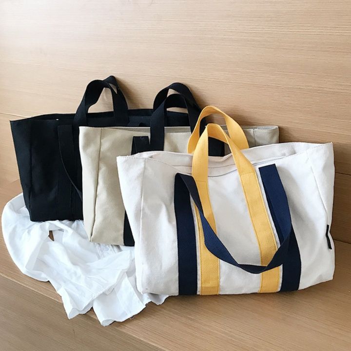 キャンバストート シンプル配色 ストライプ柄 大容量トート