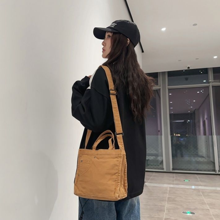 キャンバストート デニム風ポケット付きミニトート