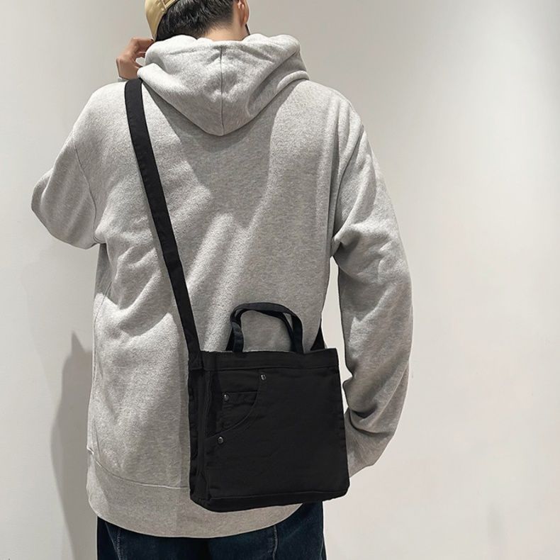 キャンバストート デニム風ポケット付きミニトート