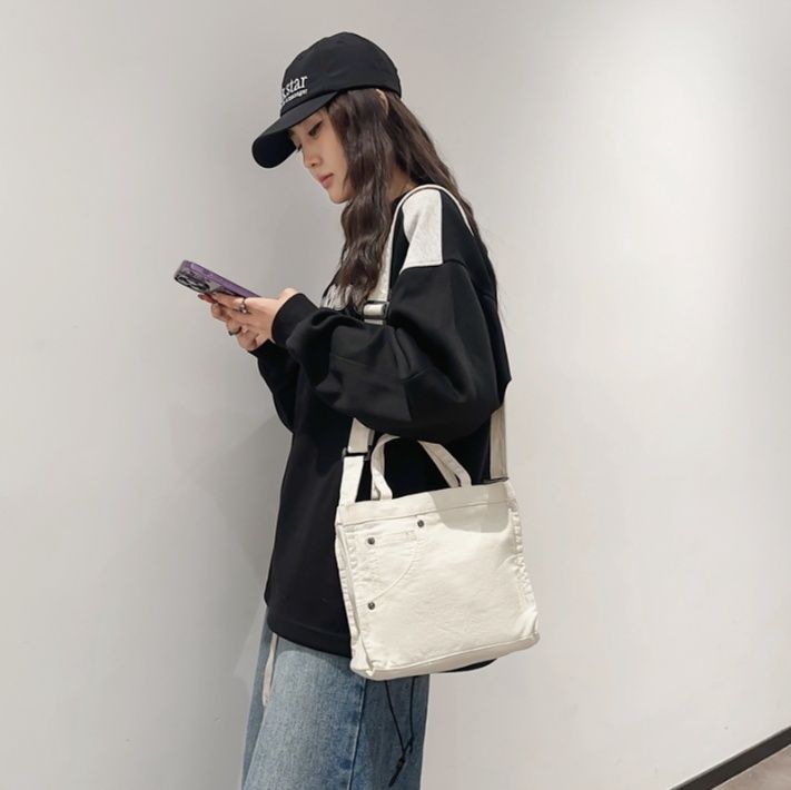 キャンバストート デニム風ポケット付きミニトート