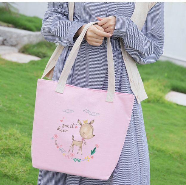 キャンバストート 可愛い子鹿刺繍入りキャンバス手提げ袋