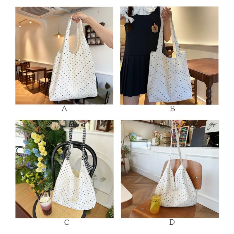 水玉柄キャンバストート 軽量折り畳み式ショルダーバッグ