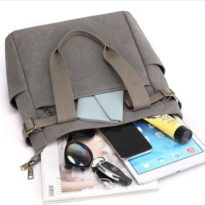 多機能ポケット付きショルダーキャンバストートバッグ