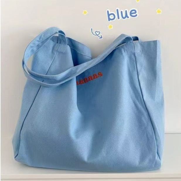 キャンバストート大きめ 刺繍ロゴ入りシンプル大容量肩掛けトートバッグ
