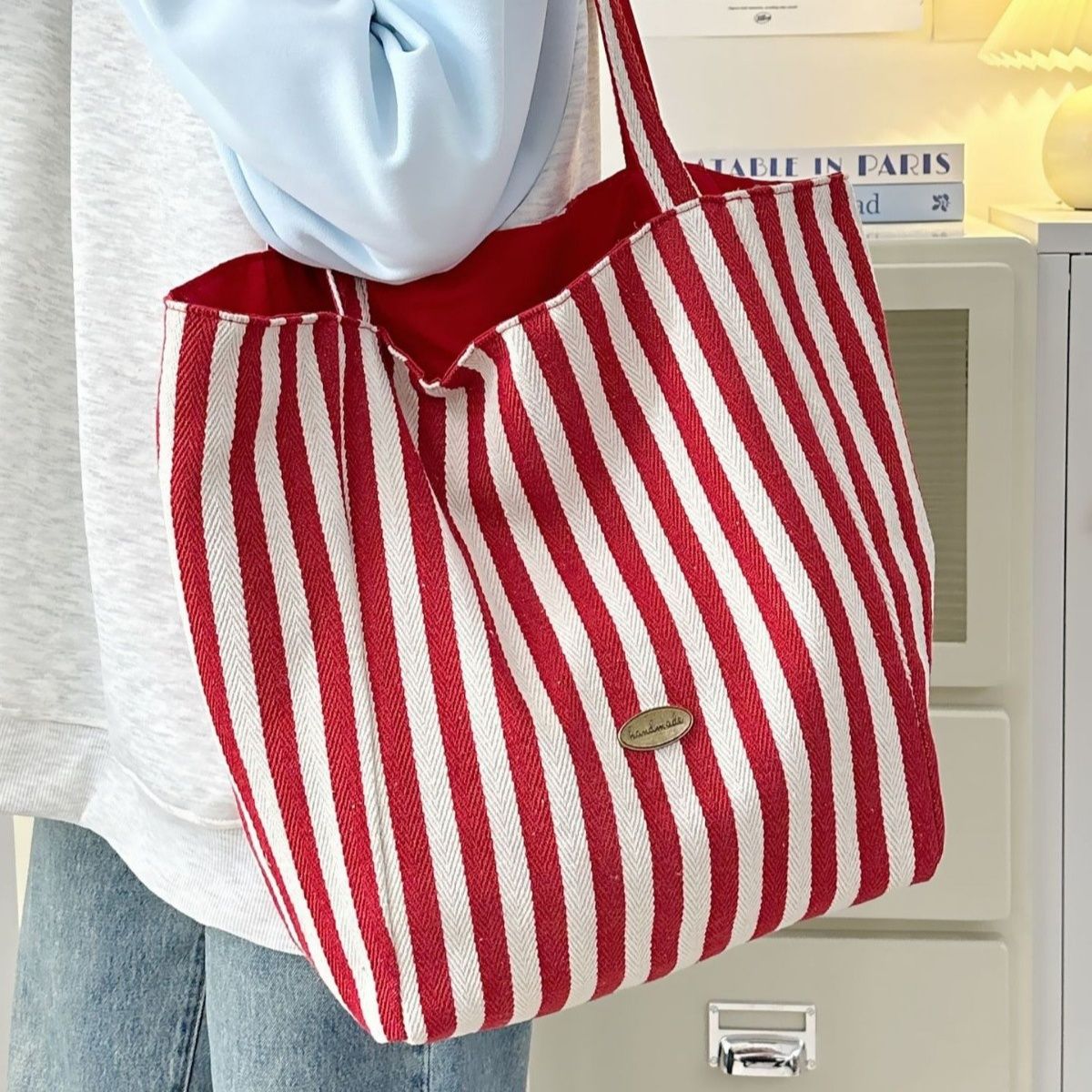 キャンバストート大きめ 斜めストライプ柄大容量キャンバストート肩掛けバッグ