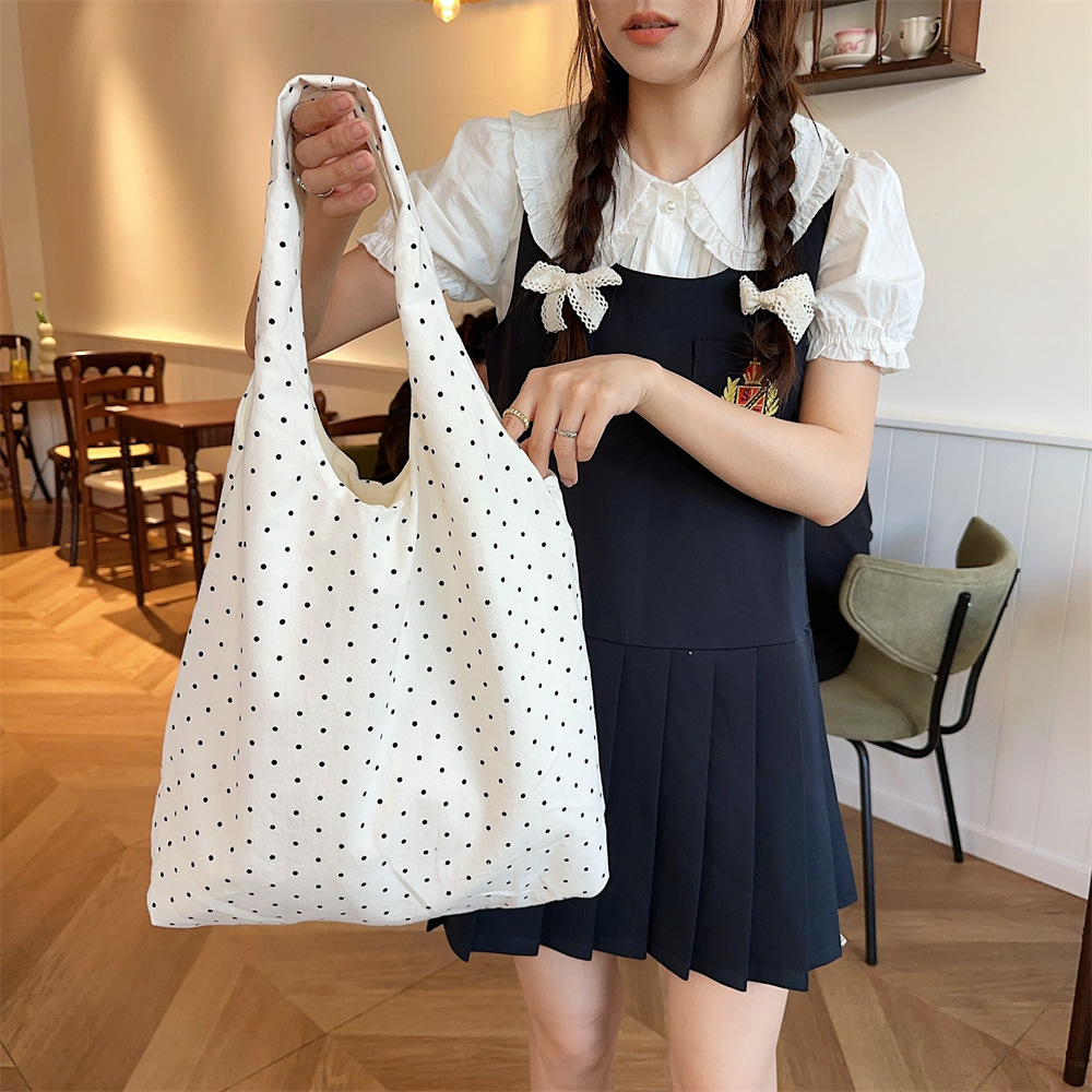 水玉柄キャンバストート 軽量折り畳み式ショルダーバッグ