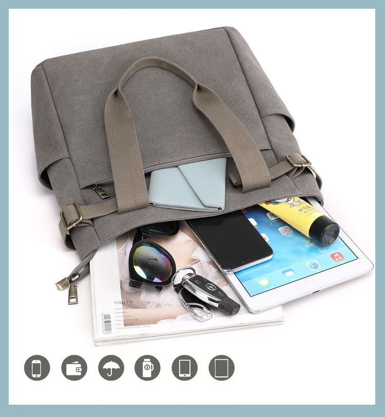 多機能ポケット付きキャンバストートバッグ