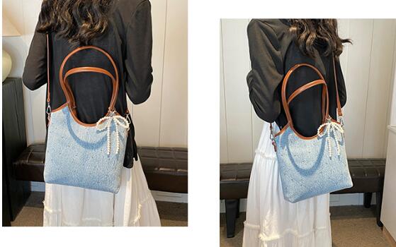 大容量デニム風キャンバストート パール紐付き韓国風鞄
