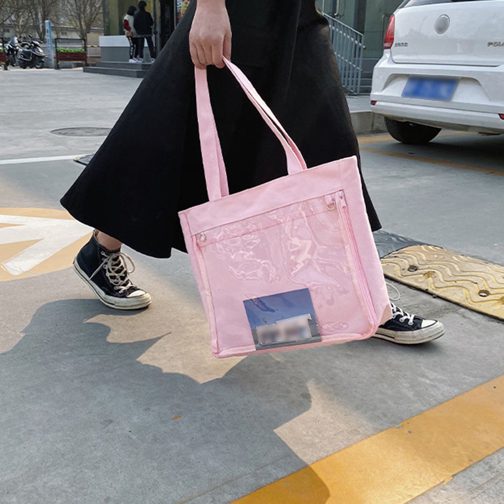 透明ポケット付きキャンバストート 大容量横型バッグ