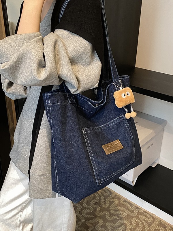 キャンバストート デニム風ポケット付き肩掛けショルダ－ストラップ