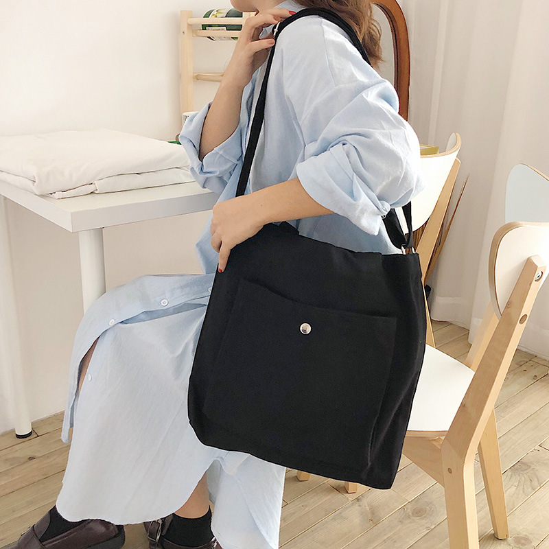 キャンバストート シンプル外ポケット付き斜め掛けバッグ