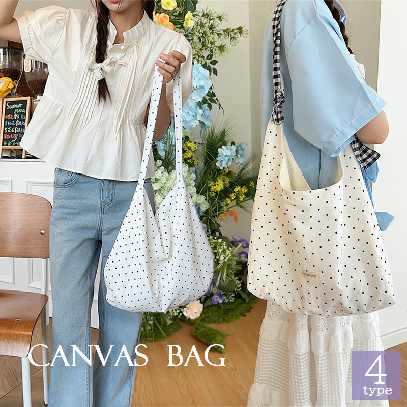 水玉柄キャンバストート 軽量折り畳み式ショルダーバッグ