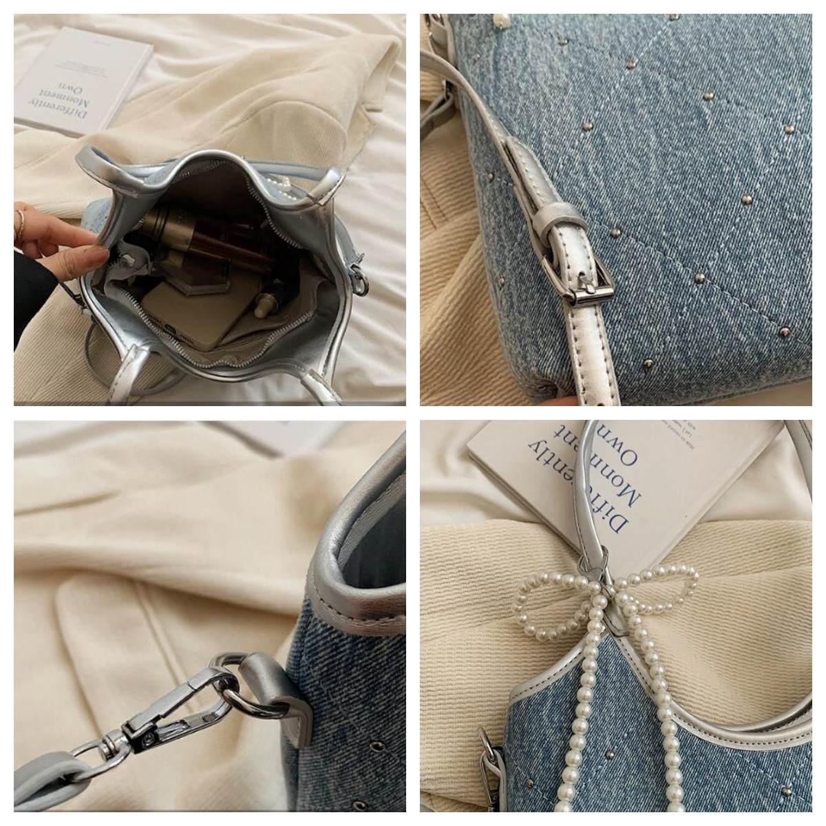 大容量デニム風キャンバストート パール紐付き韓国風鞄