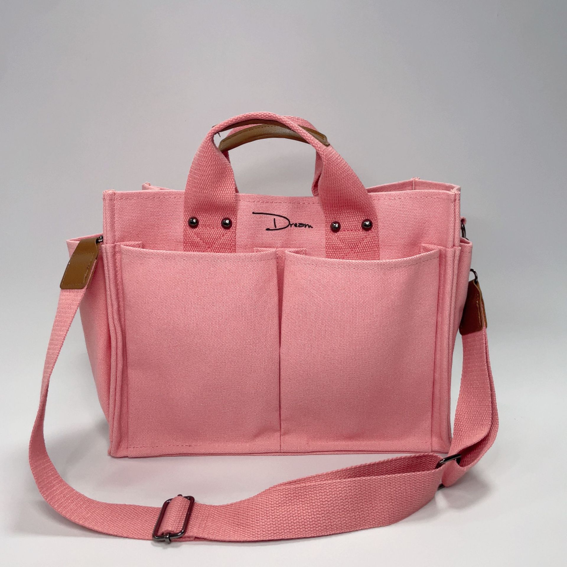 多機能ポケット付き二層式ショルダーキャンバストート