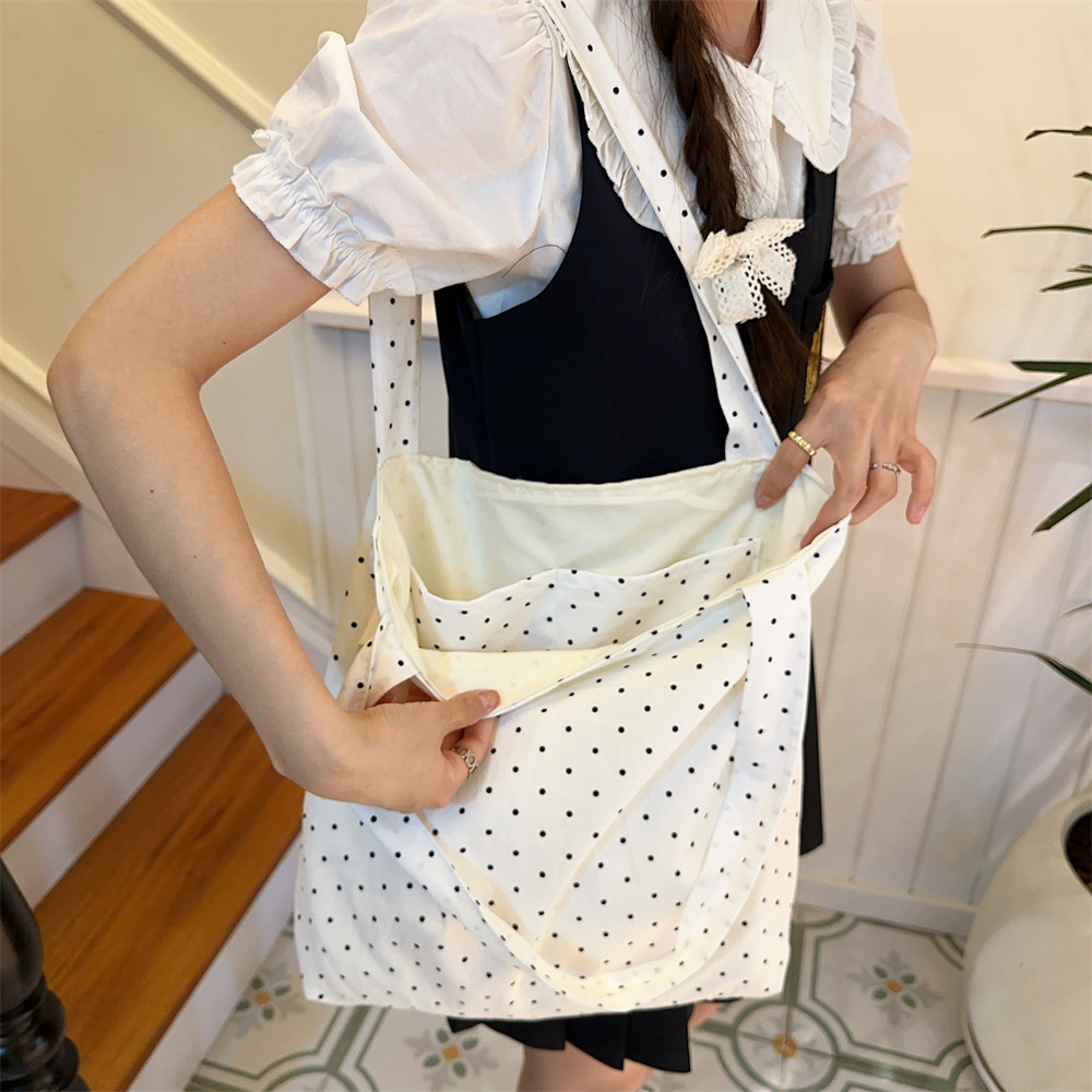 水玉柄キャンバストート 軽量折り畳み式ショルダーバッグ
