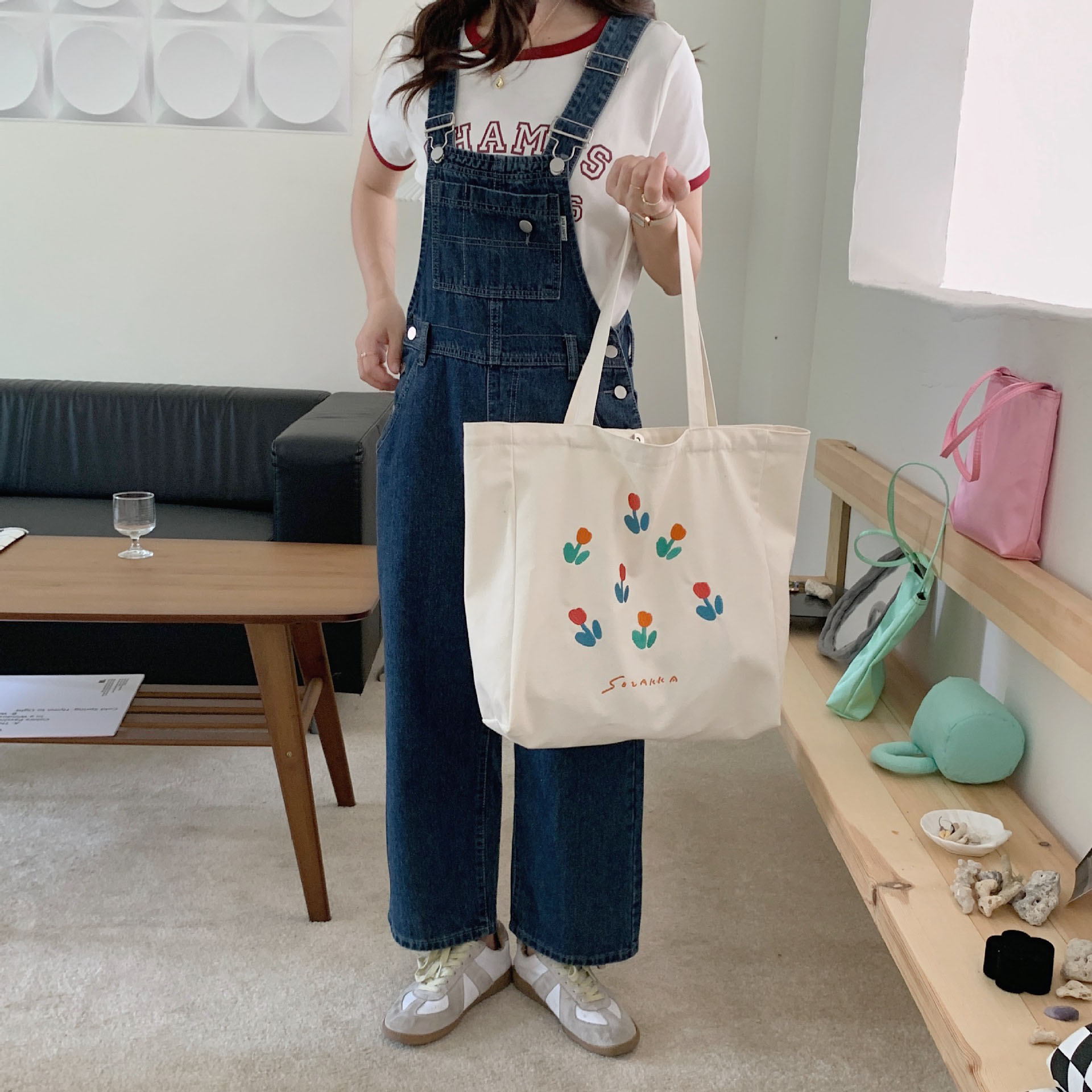花柄キャンバストートバッグ 大容量 エコバッグ レディース