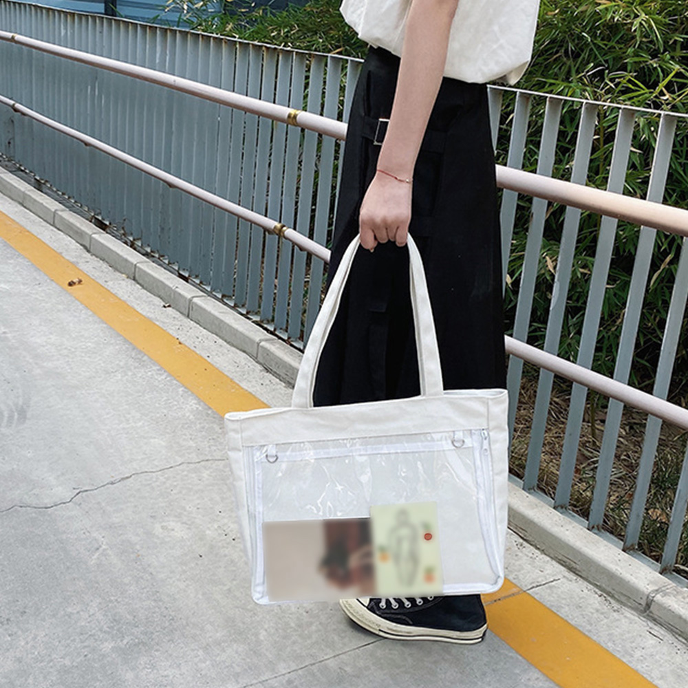 透明ポケット付きキャンバストート 大容量横型バッグ