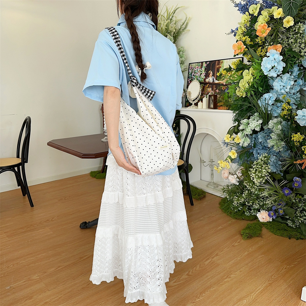 水玉柄キャンバストート 軽量折り畳み式ショルダーバッグ