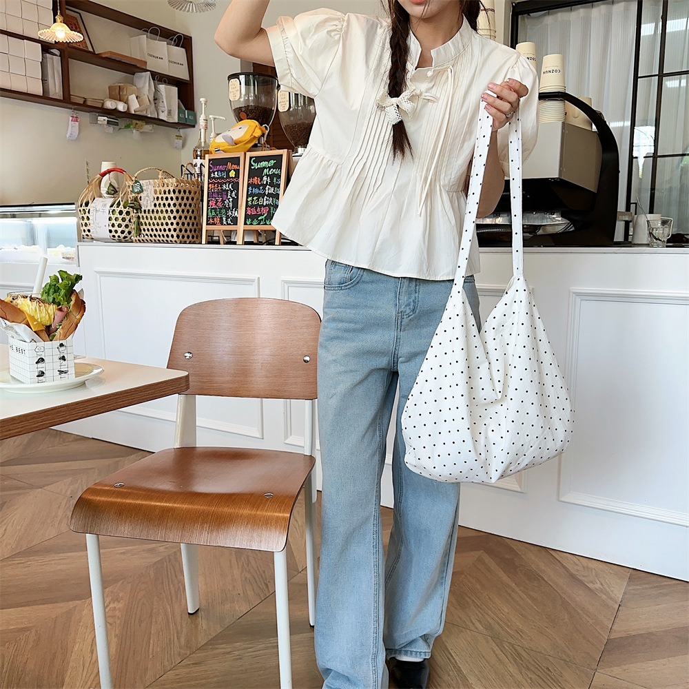 水玉柄キャンバストート 軽量折り畳み式ショルダーバッグ