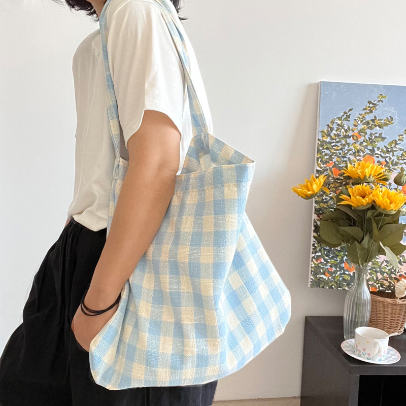 キャンバストート 帆布チェック柄ショルダートートバッグ内ポケット付き