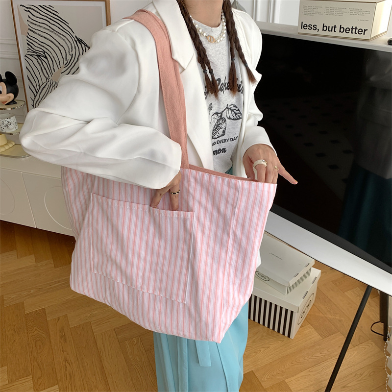 リバーシブル縞模様キャンバストート大容量バッグ
