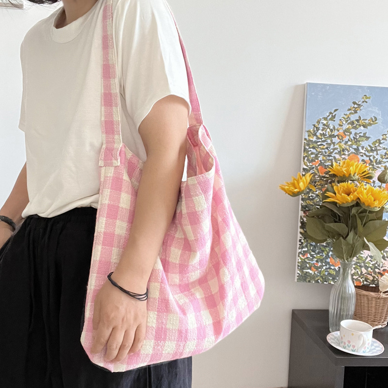 キャンバストート 帆布チェック柄ショルダートートバッグ内ポケット付き