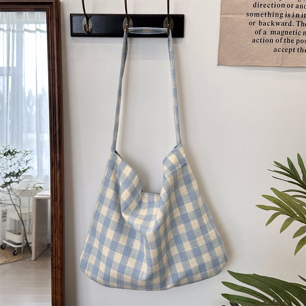 キャンバストート 帆布チェック柄ショルダートートバッグ内ポケット付き