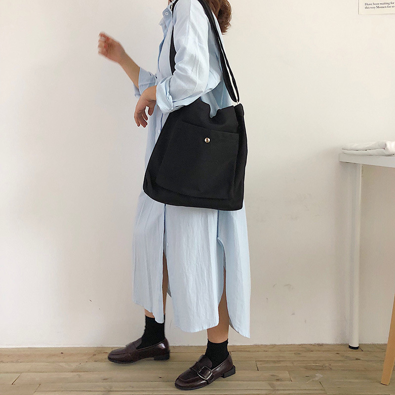 キャンバストート シンプル外ポケット付き斜め掛けバッグ