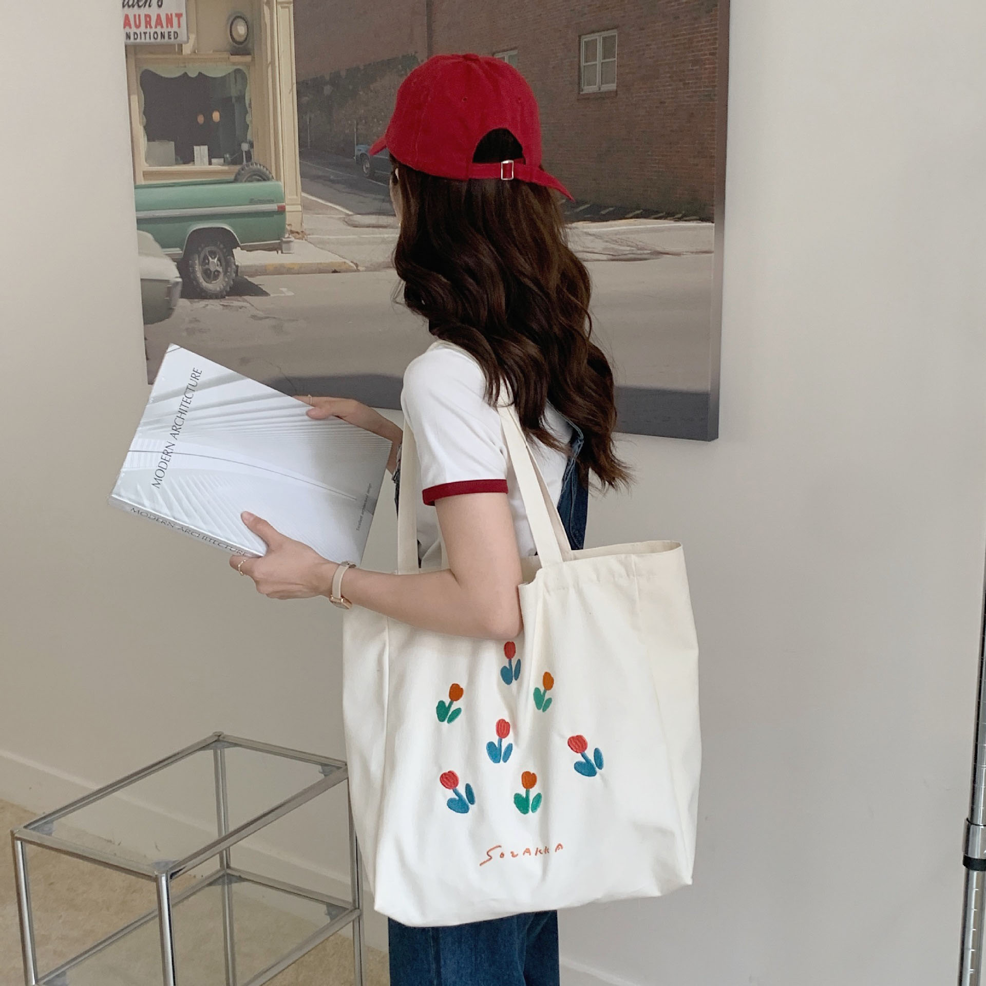 花柄キャンバストートバッグ 大容量 エコバッグ レディース