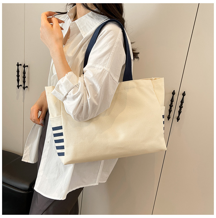 キャンバストート シンプル持ち手ボーダー帆布バッグ