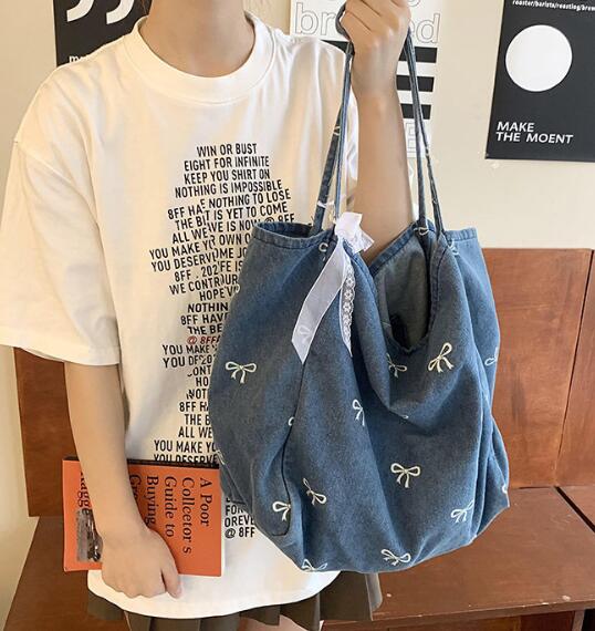 リボン柄大容量キャンバストートバッグ