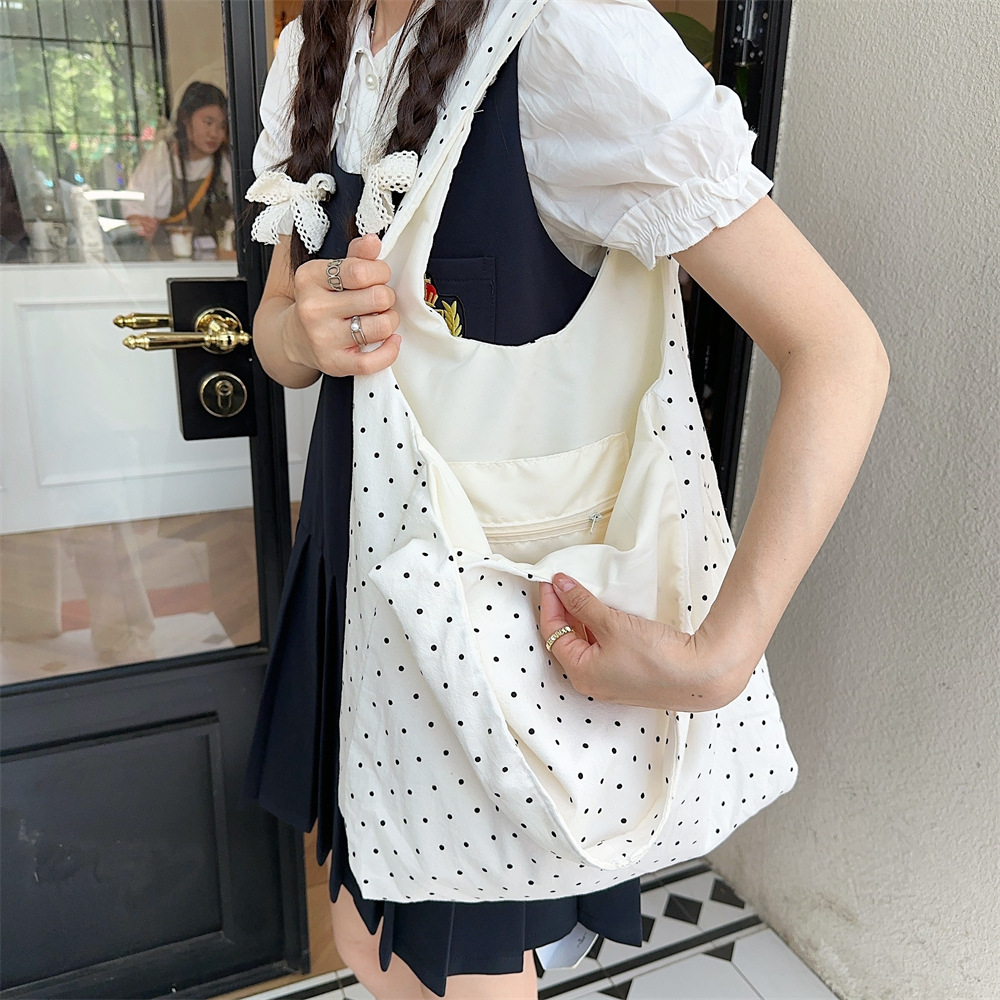 水玉柄キャンバストート 軽量折り畳み式ショルダーバッグ