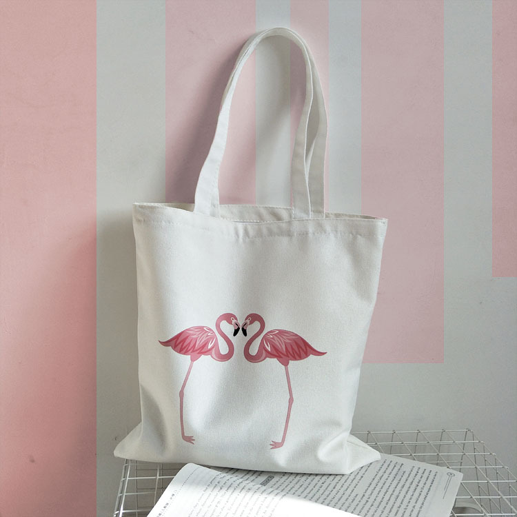 仲良しフラミンゴ刺繍のキャンパストートショルダ－